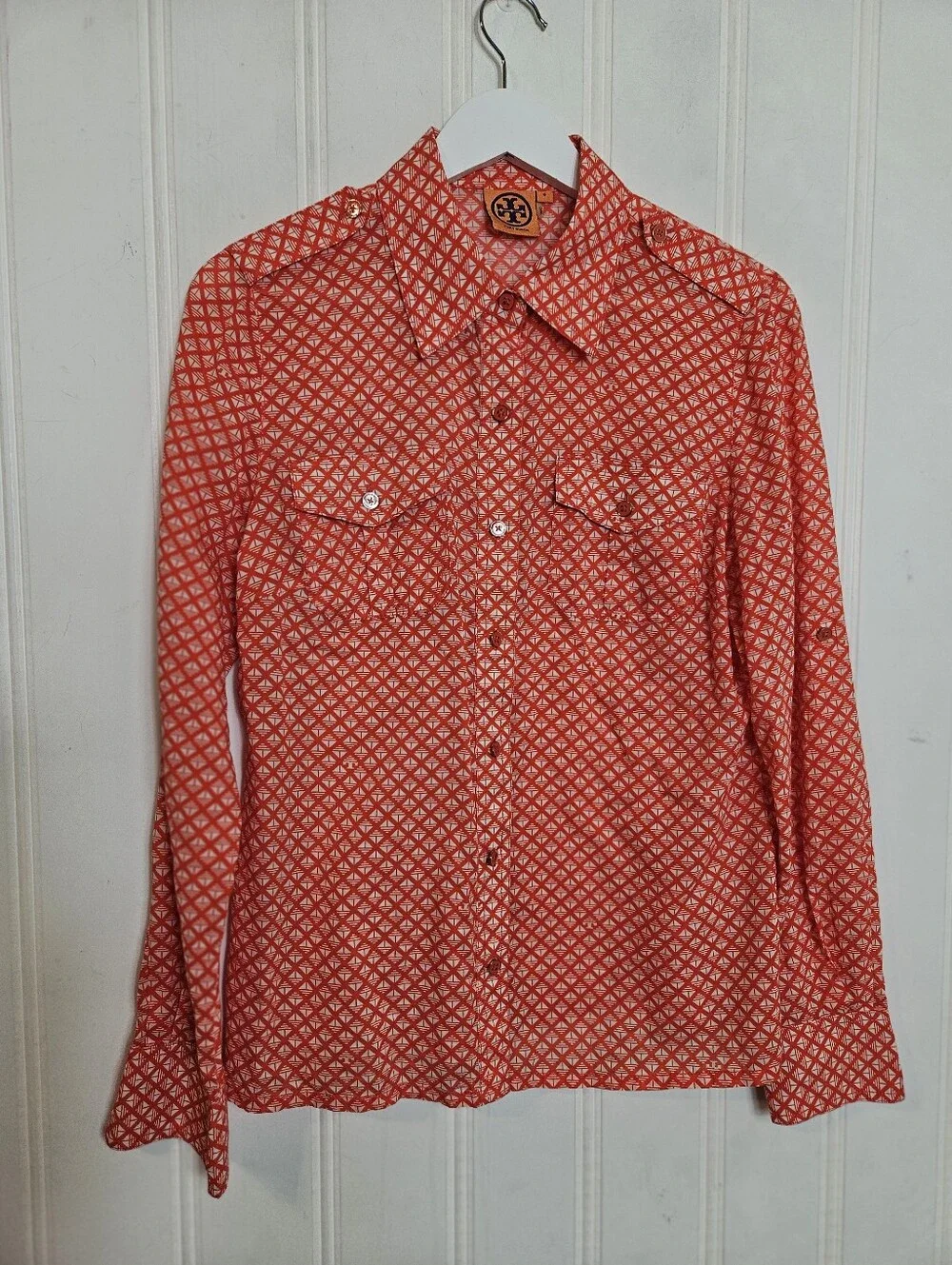 Tory Burch Brigitte Blouse 6 Checkerboard Roll Tab Utility Cotton Orange White